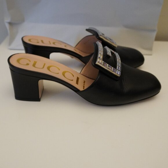 Gucci Madelyn Mules Crystal Logo Black Leather Size 38 8 - Picture 2 of 7